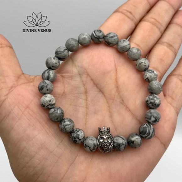 Picasso Jasper Stone Lion Charm Stretch Bracelet - Picture 2 of 7